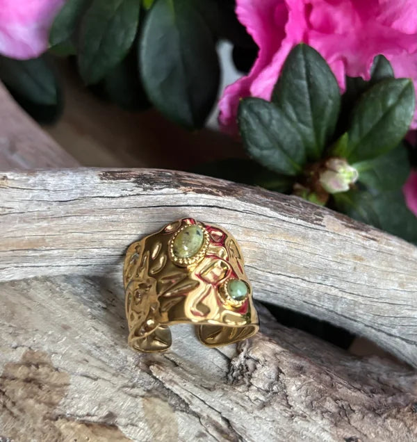 Ocean Ripples  - 18ct Gold Plated African Turquoise Battered Adjustable Ring