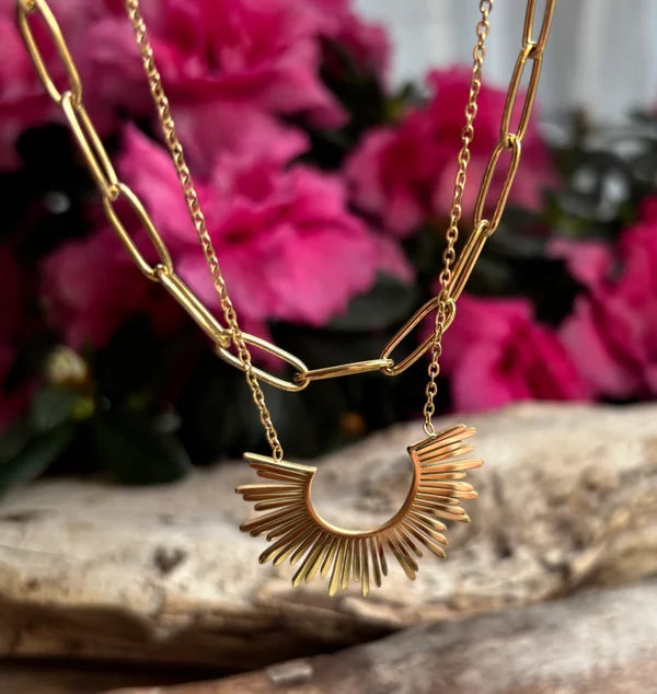 Ocean Ripples 18ct Gold Plated Sun Pendant Double Chain Necklace