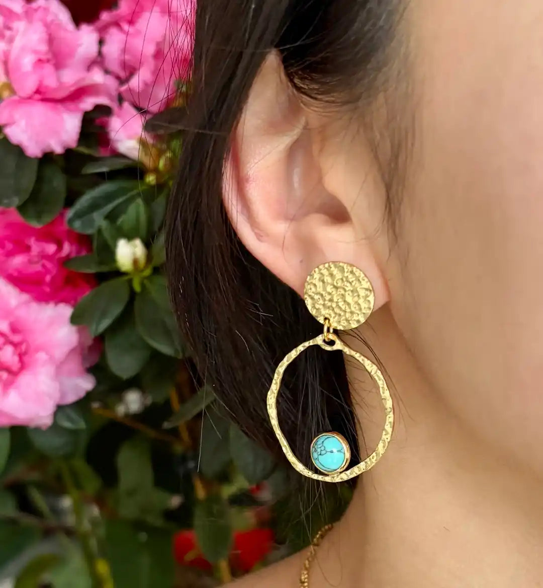 Ocean Ripples 18ct Gold Plated Gold Circle Turquoise Hoop Earrings