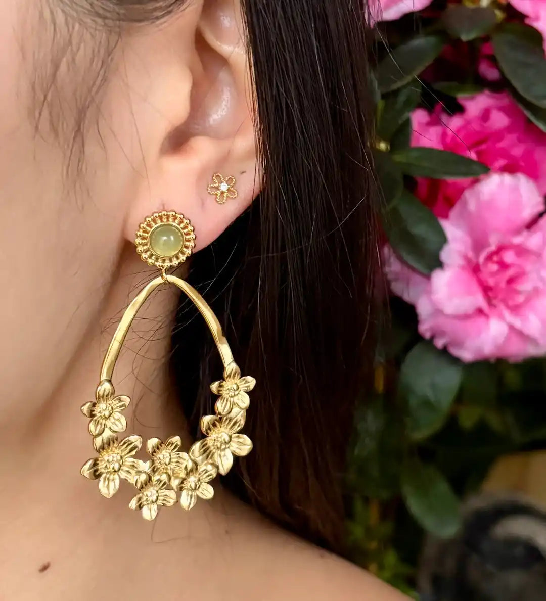 Ocean Ripples 18ct Gold Plated Green Aventurine Flower Hoop Earrings