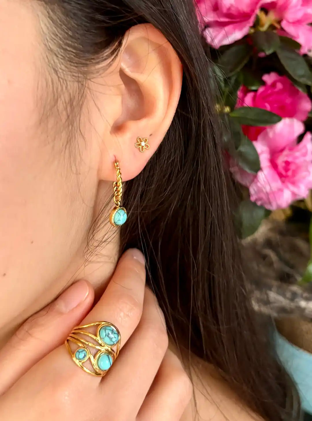 Ocean Ripples 18ct Gold Plated Turquoise Twisted Huggie Earrings