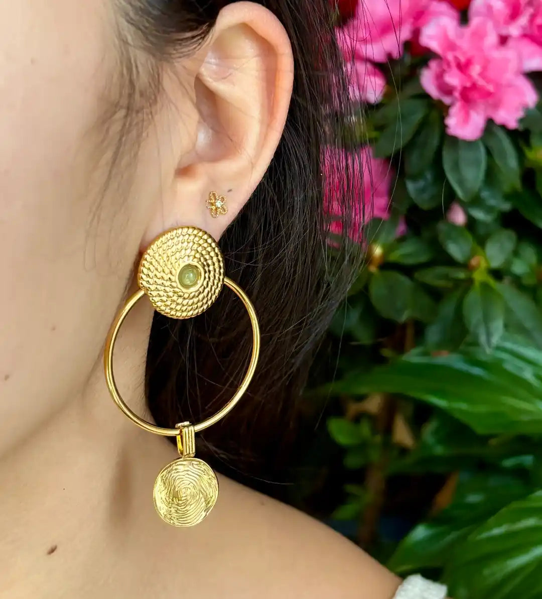 Ocean Ripples 18ct Gold Plated Green Aventurine Circle Earrings