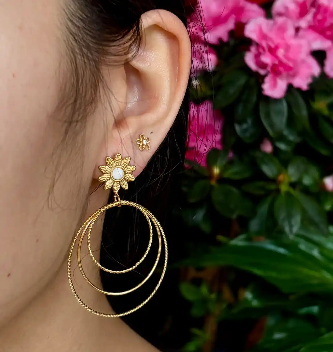 Ocean Ripples 18ct Gold Plated Mother Of Pearl Triple Hoops Earrings