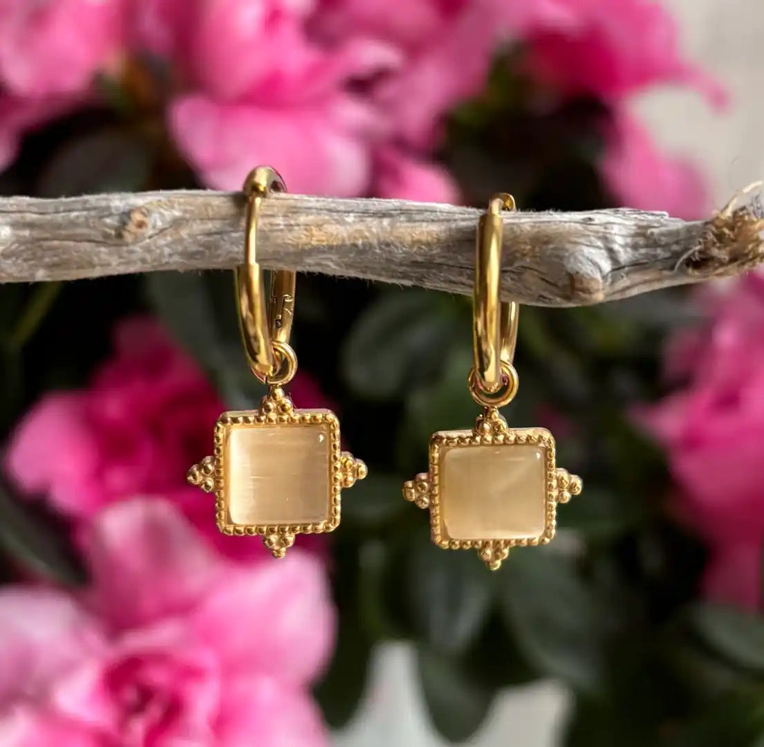 Ocean Ripples 18ct Gold Plated Square Clear Quartz Huggie Earrings