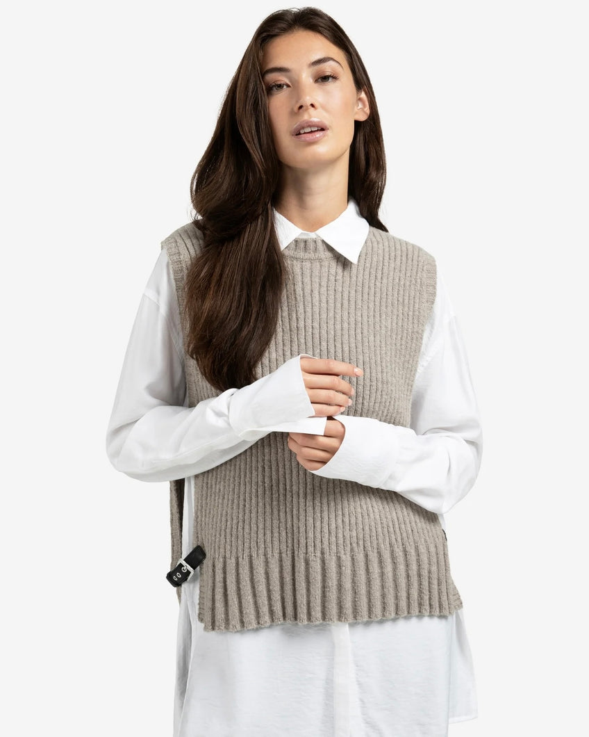 YAYA Sleeveless Sweater with Side Buckles - Brownish Grey Melange