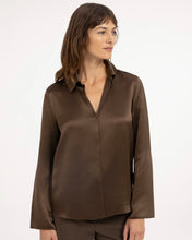 Load image into Gallery viewer, YaYa Satin Blouse with Collar - Cocoa Brown
