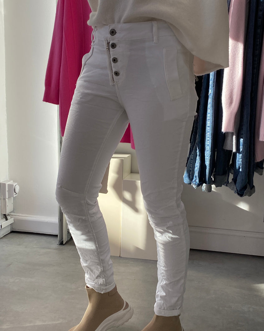 Luxe Melly Button/Zip Jeans - White