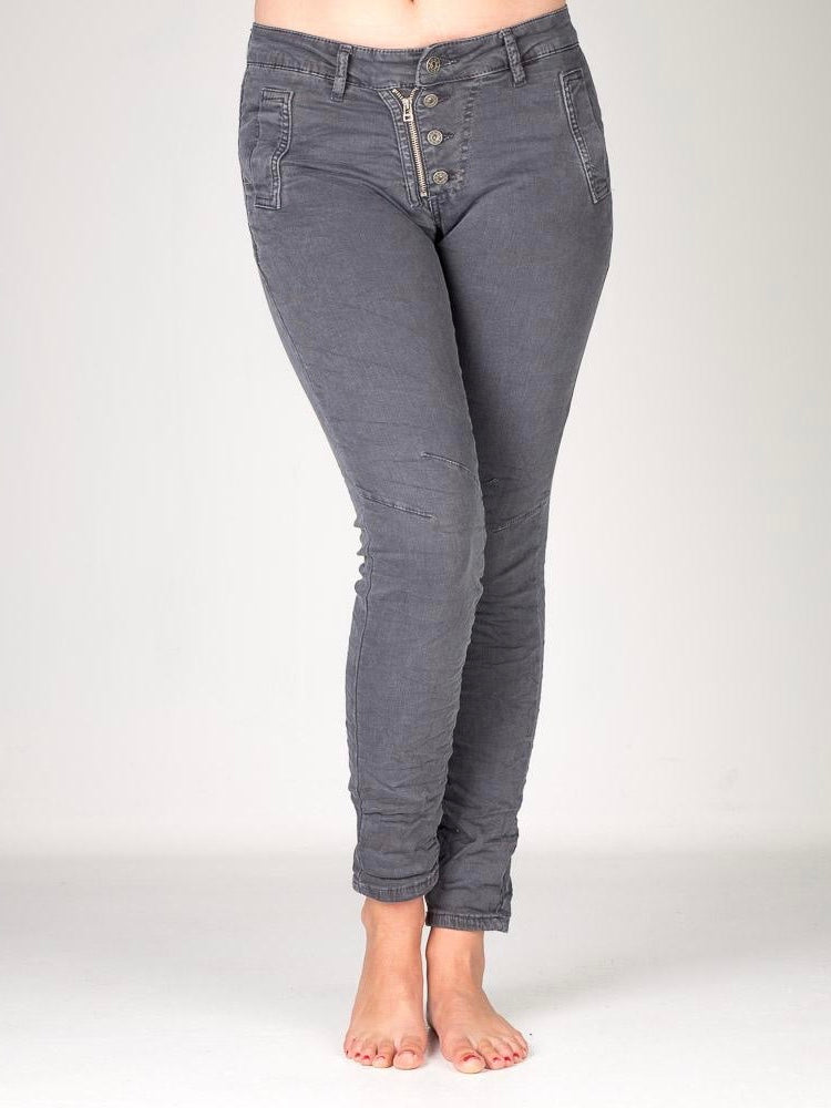 Luxe Melly Zip/Button Front Stretch Jeans - Grey